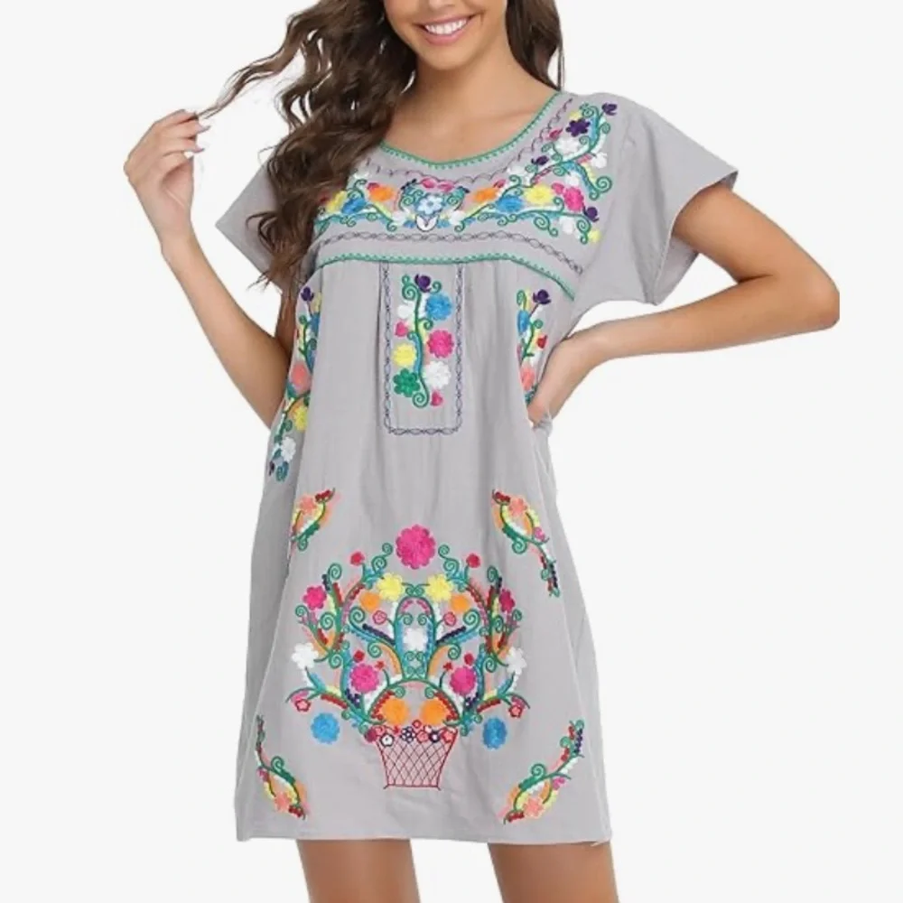 YZXDORWJ Women Mexican Embroidered Floral Dress Short Sleeve Size 2XL - Picture 13 of 15